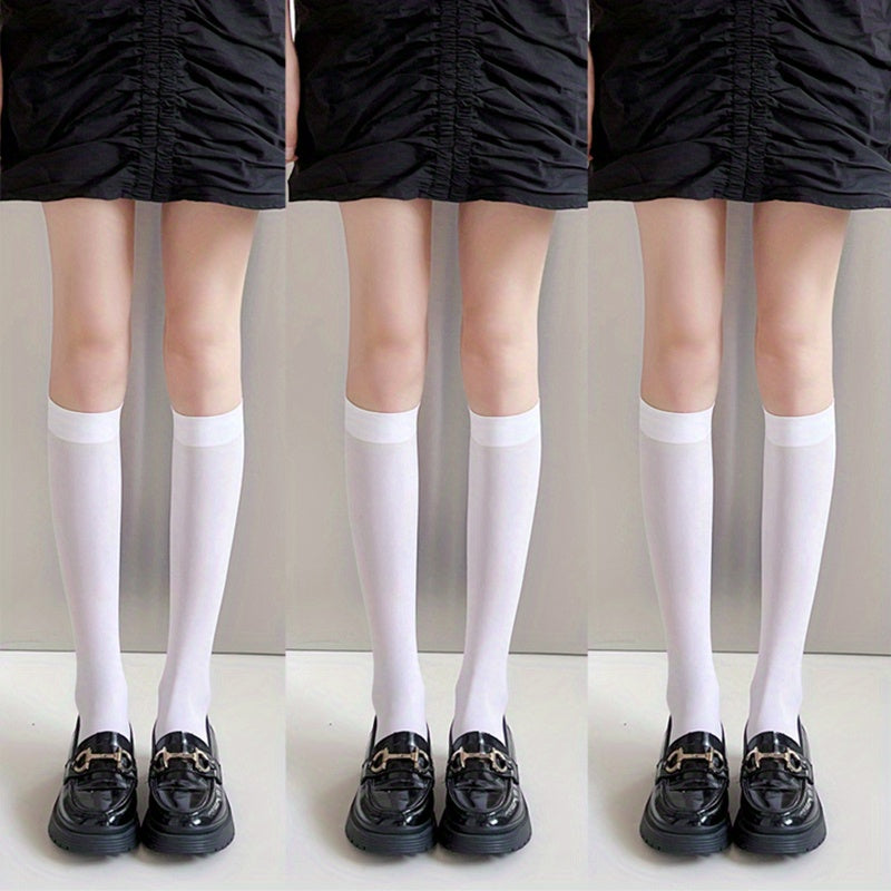 3 Pairs Solid Knee High Socks Soft & Comfy Women's Stockings & Hosiery
