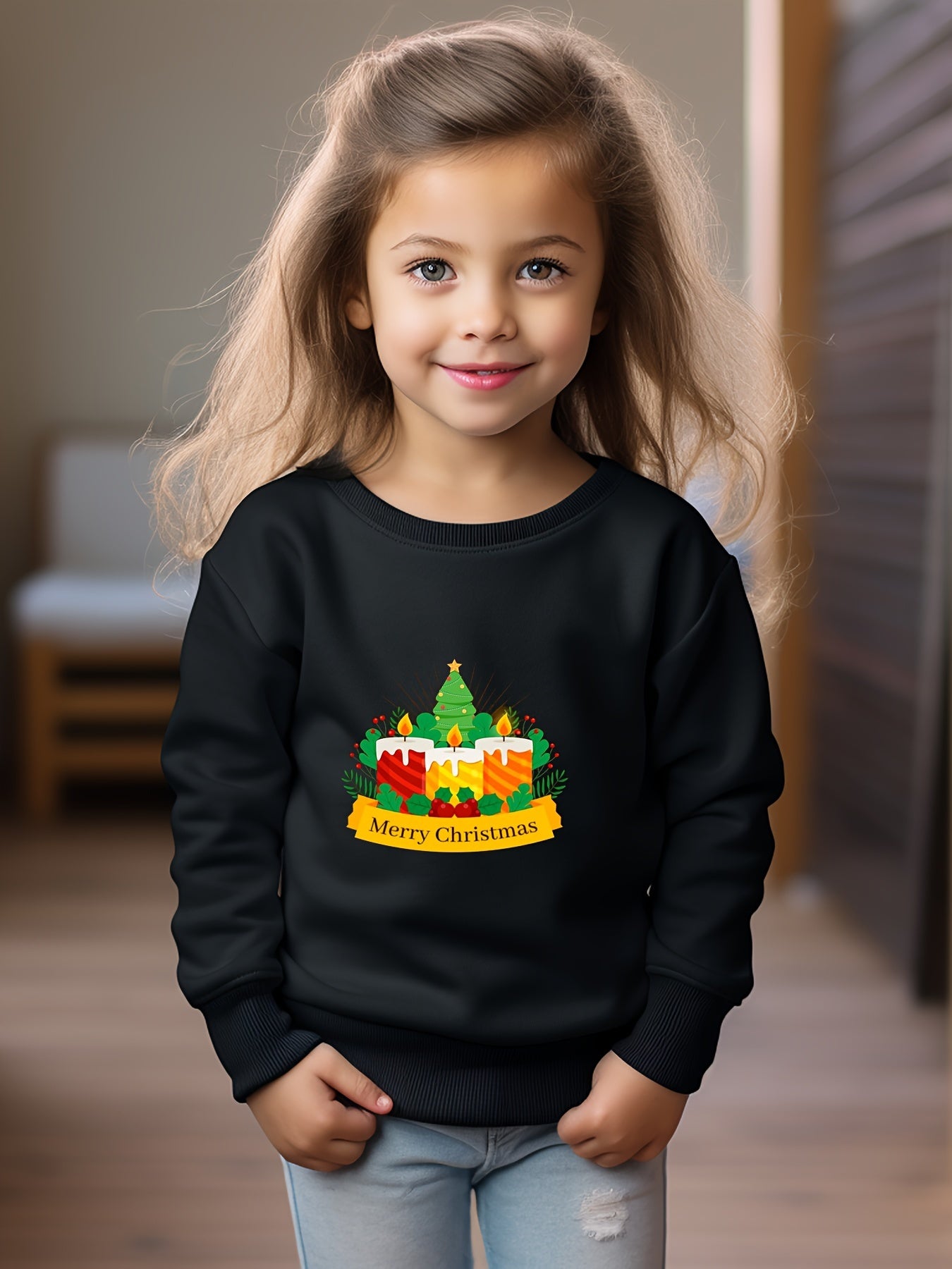 Christmas Cartoon Candles Print Girls Sweatshirt