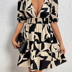 Geometric Print Ruched Dress Casual Plunging Puff Sleeve Dress