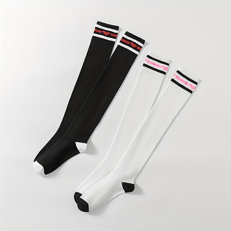 Heart Print Striped Calf Socks Women's Stocking