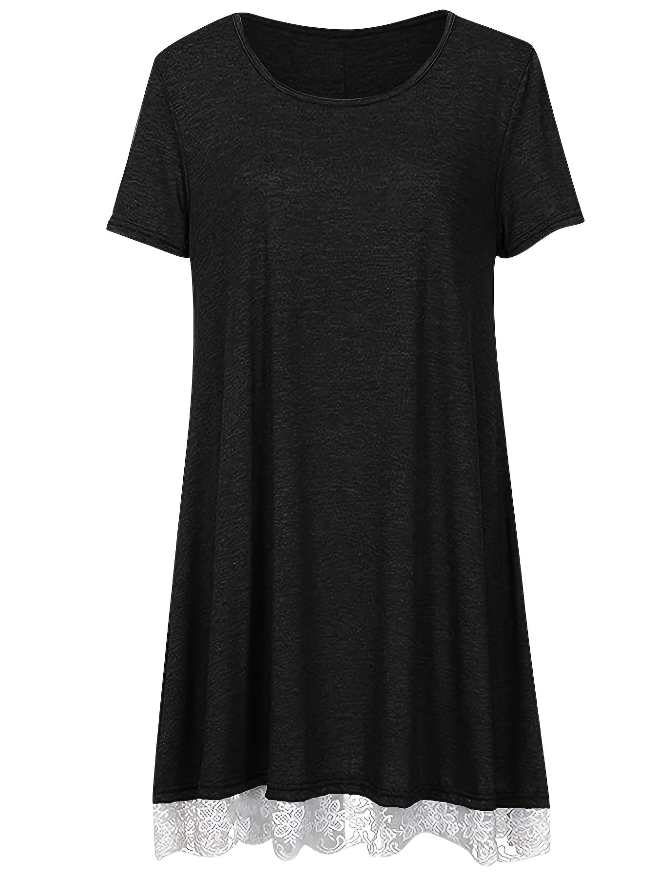Casual Dress Women's Plus Contrast Lace Trim Short Sleeve Round Neck