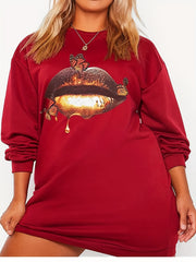 Casual Dress Red Lip & Butterfly Print Sweatshirt Dress