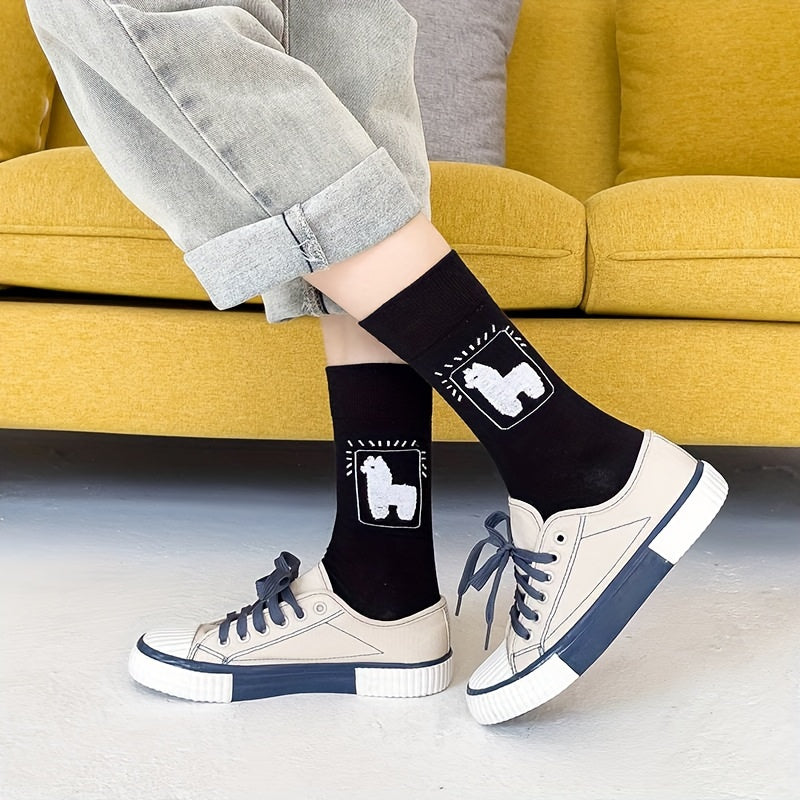5 Pairs Alpaca Print Socks Comfy Women's Mid Tube Stockings