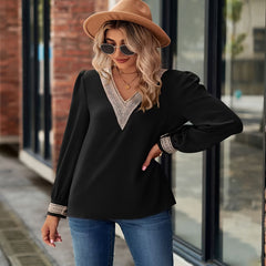 Solid Applique Long Puff Sleeve V Neck Top