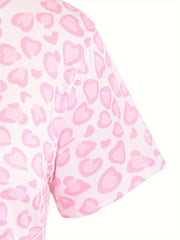 Heart Print Pajamas Set Short Sleeve Tee & Shorts 2 Piece Set