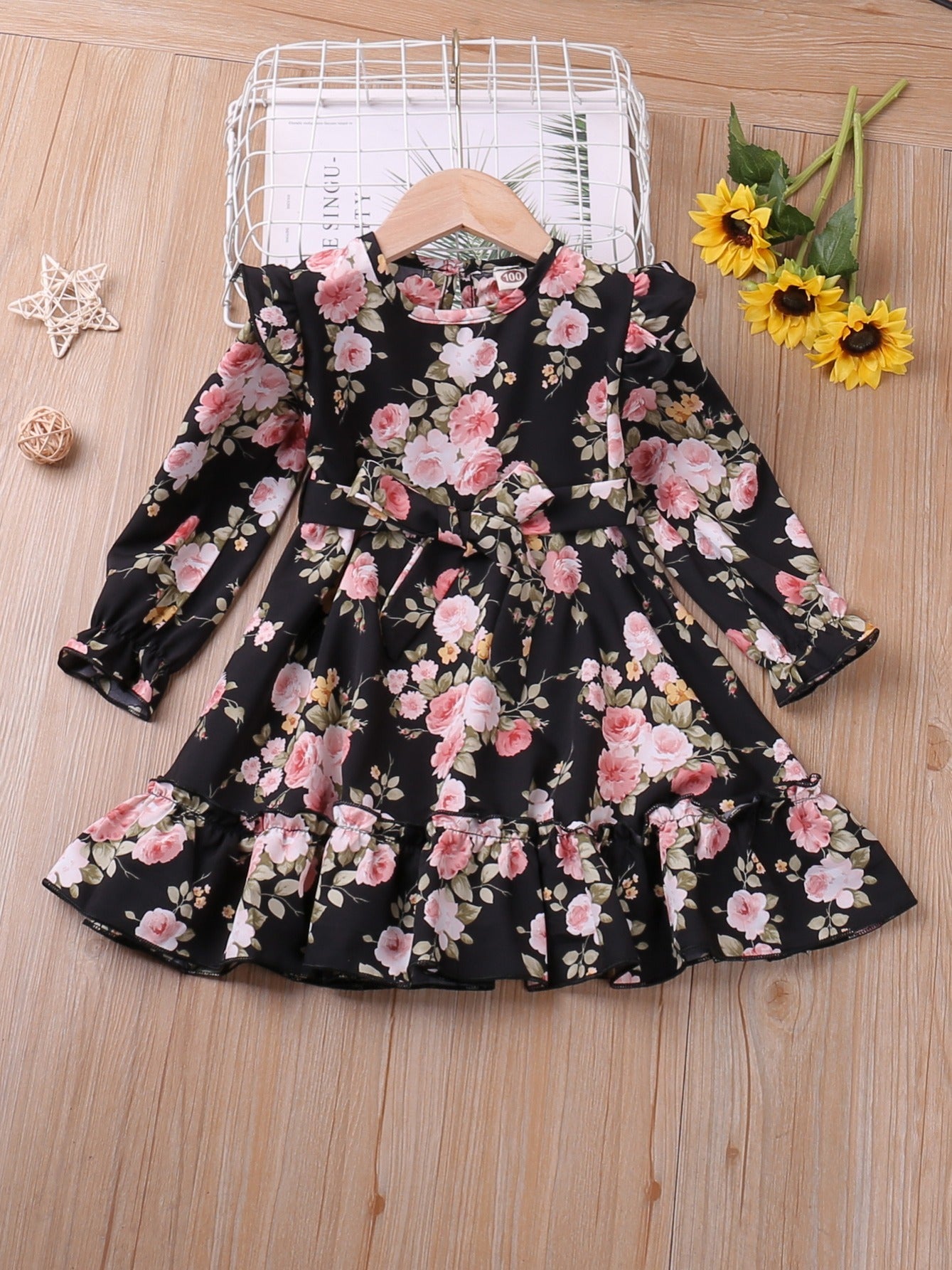Toddler Girls Floral Print Ruffle Long Sleeve Dress Kids Clothes