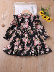 Toddler Girls Floral Print Ruffle Long Sleeve Dress Kids Clothes