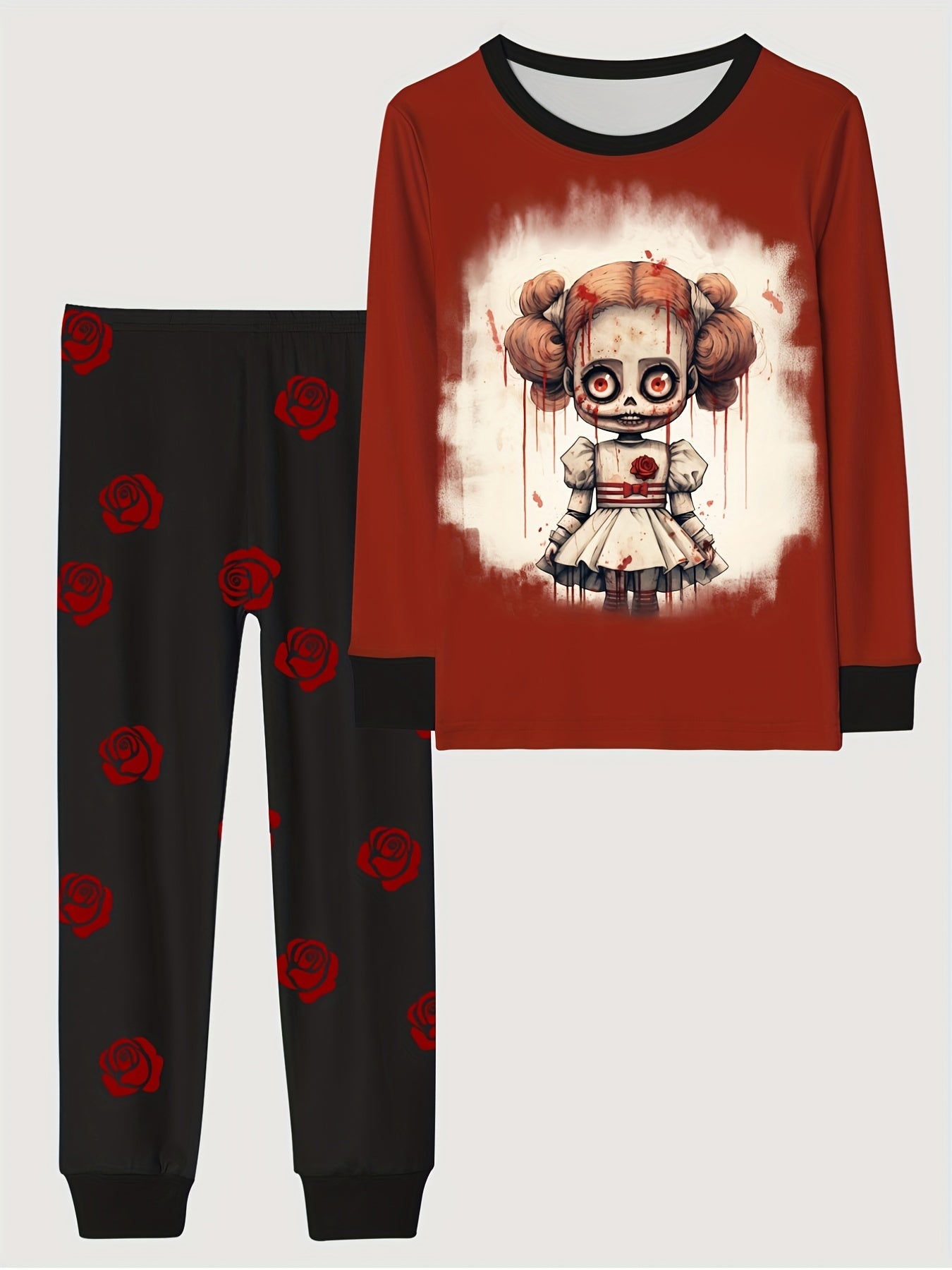 Skull Girl Pattern Kid's Pajamas Set Halloween Style Comfy PJ Girl's Loungewear