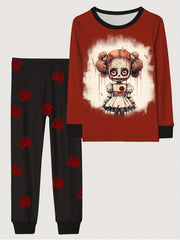 Skull Girl Pattern Kid's Pajamas Set Halloween Style Comfy PJ Girl's Loungewear