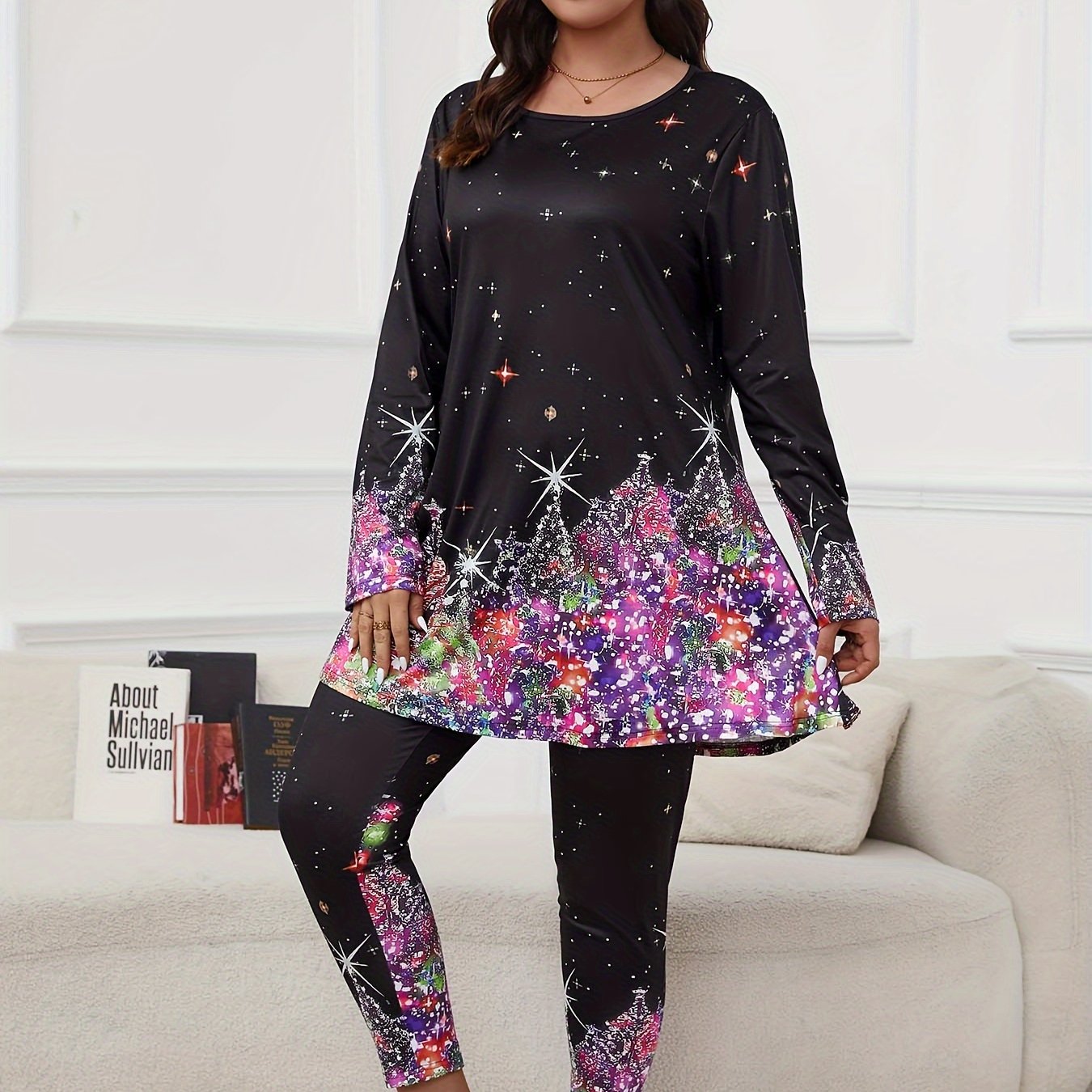 Glitter Christmas Tree Print Top & Pants Set