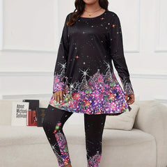 Glitter Christmas Tree Print Top & Pants Set