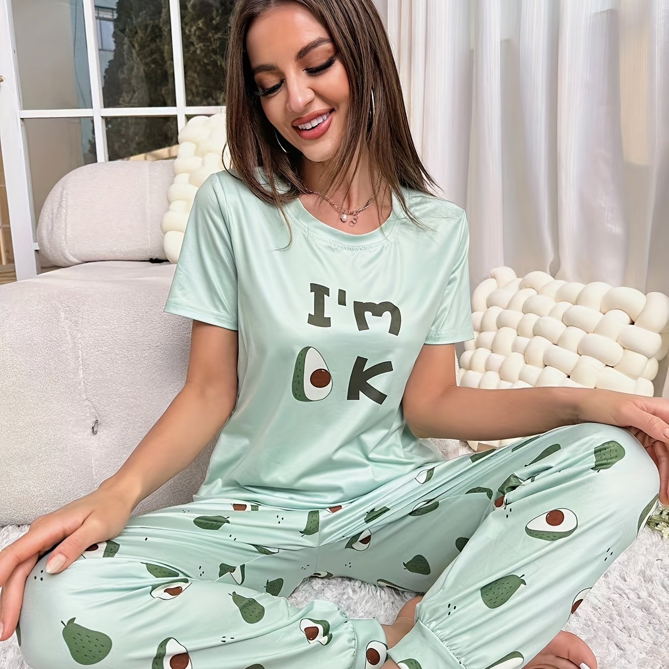 Avocado Print Pajama Set Short Sleeve Top & Pants Women's Sleepwear