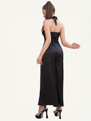 Contrast Mesh Split Halter Jumpsuit Backless Sexy Jumpsuit
