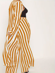 Women's Plus Stripe Print Cardigan & Wide Leg Pants Outfit Set