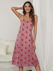Strawberry Print NightDress Backless Pajama Dress Women's Sleepwear