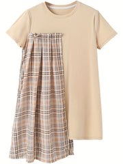 Girls' Plaid Patchwork Short Sleeve Casual Dress