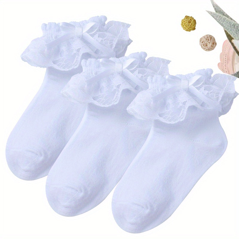 Girls Lace Brim Socks Bow Decor Knit Crew Socks