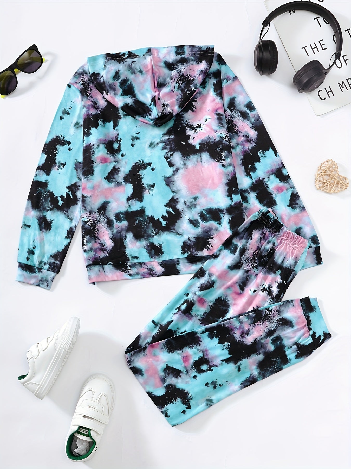 Girl's Tie Dye 2pcs Hoodie & Sweatpants Set Love Heart Print Top