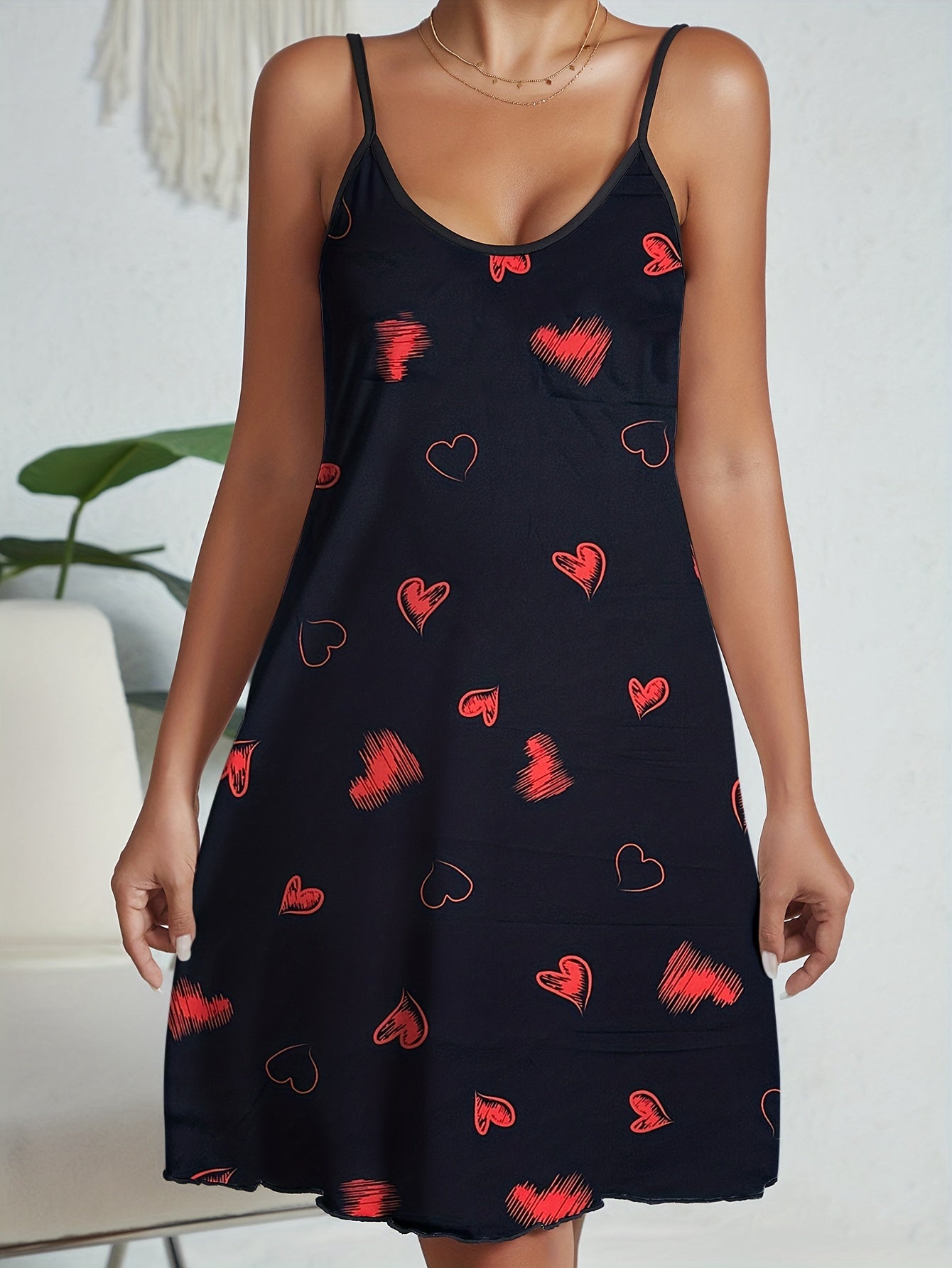 Heart Print Nightdress Crew Neck Sleep Dress Women's Sleepwear