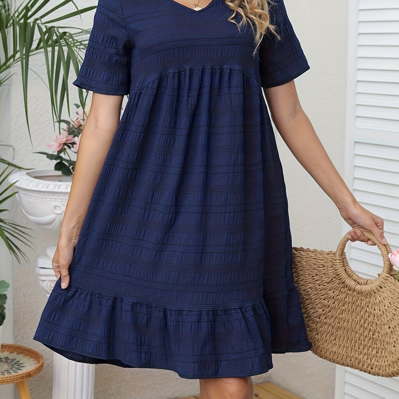 Ruched Solid Dress Casual V Neck Short Sleeve Summer Dress Women's Clothing