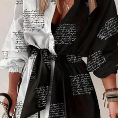 Colorblock Letter Print Polo Neck Shirt Dress