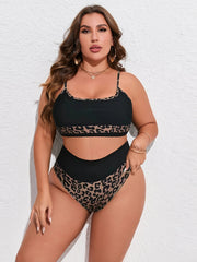 Leopard Print Bikini Set Women's Scoop Neck Swimsuit Two Piece