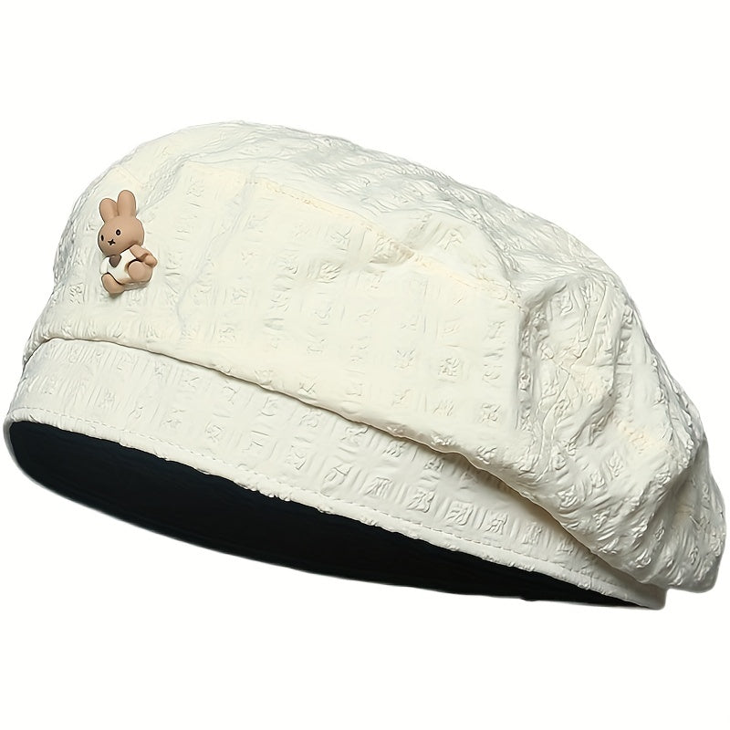 Rabbit Beret Solid Embossed Breathable Octagonal Hat