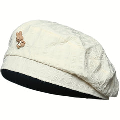 Rabbit Beret Solid Embossed Breathable Octagonal Hat