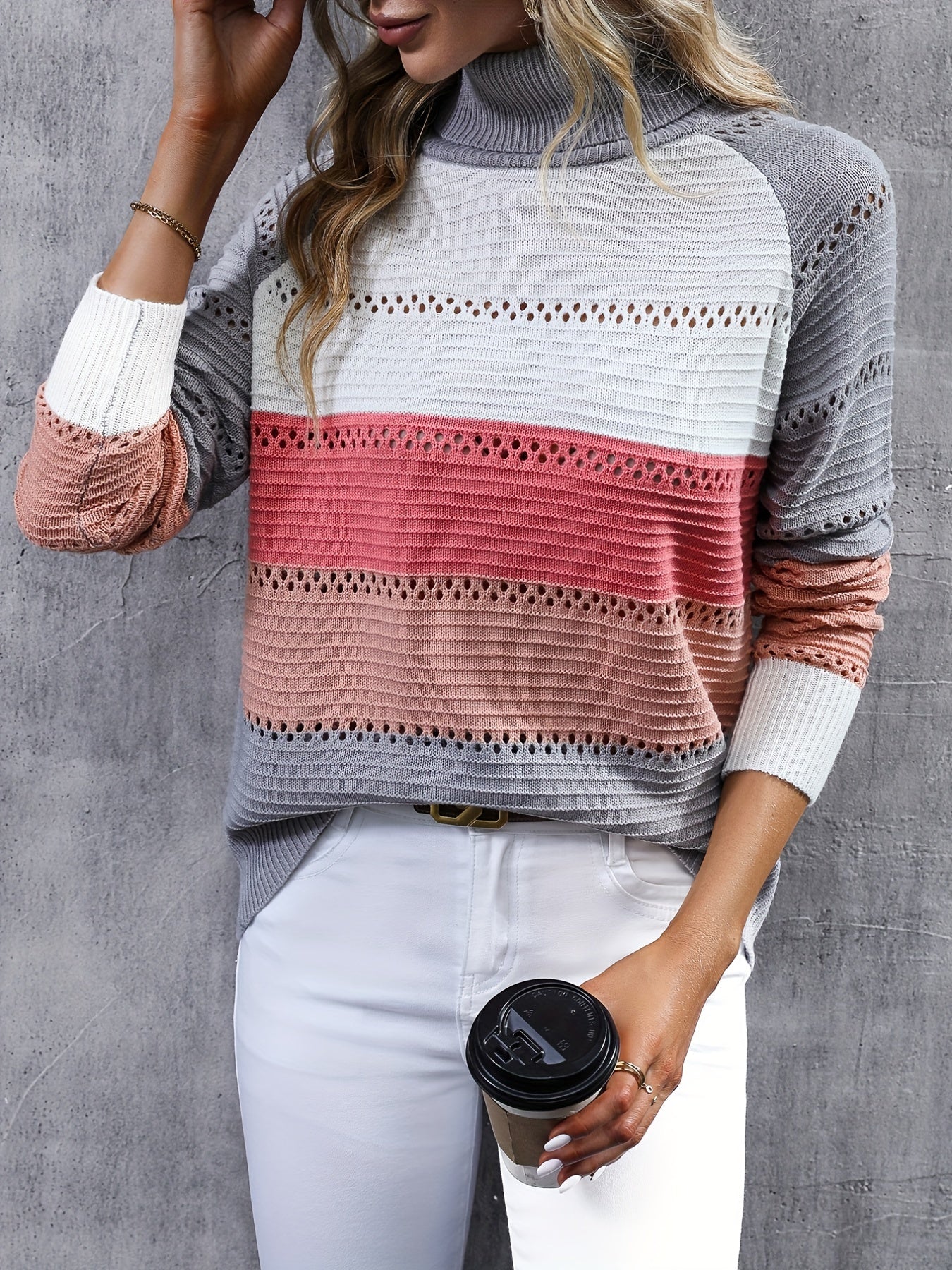 Turtleneck Knit Sweater Long Sleeve Women's Casual Block Sweater