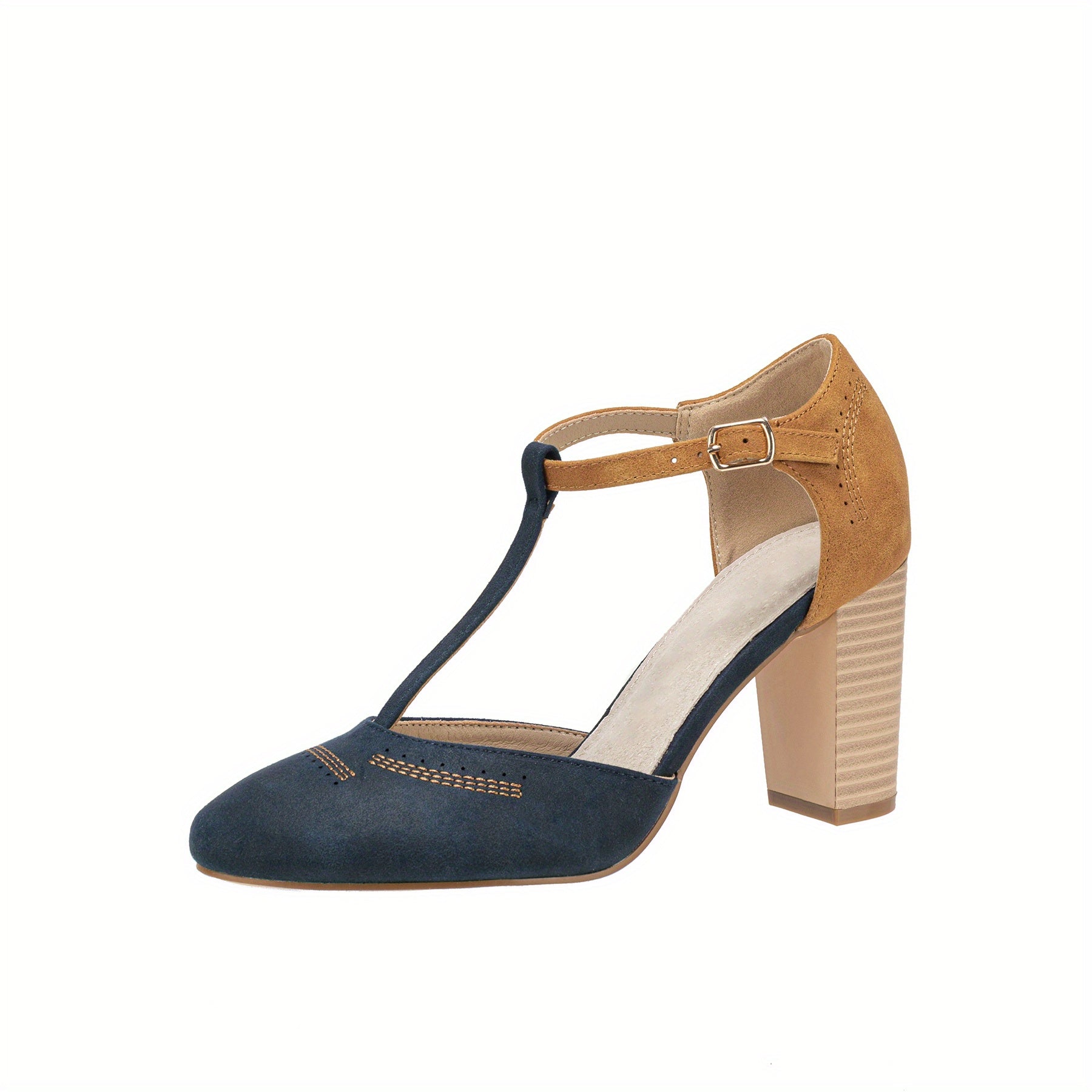 Women's Block Heel Closed Toe Strap Shoes Colorblock Pumps