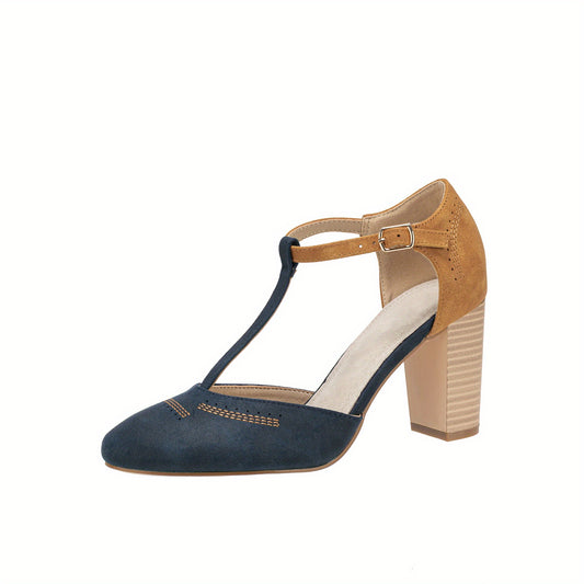 Women's Block Heel Closed Toe Strap Shoes Colorblock Pumps