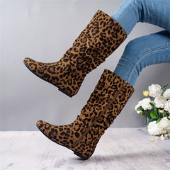 Leopard Print Slouch Boots Round Toe Side Zipper Flat Comfy Riding Boots