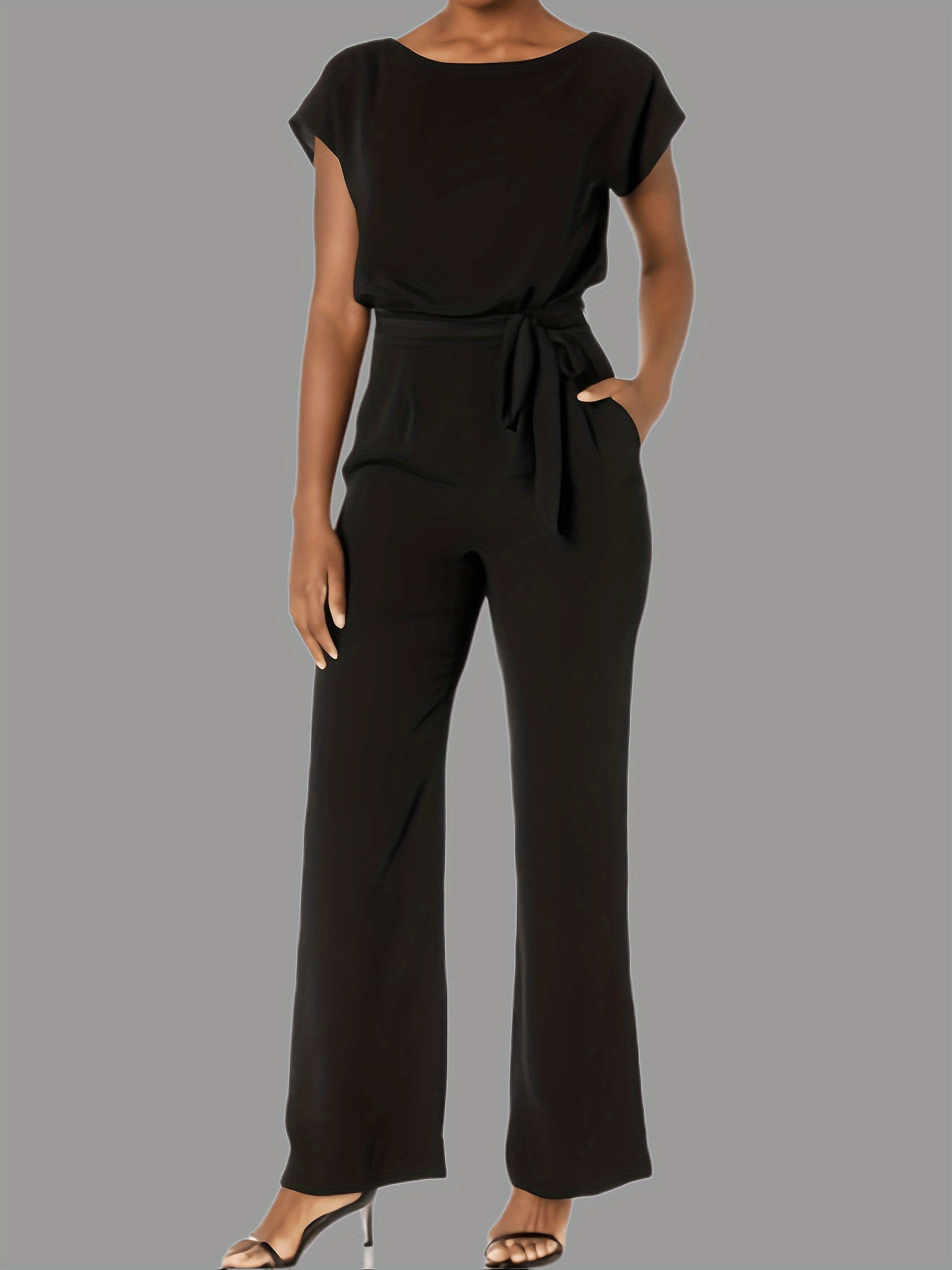 Solid Round Neck Short Sleeve Loose Jumpsuit Casual Long Length