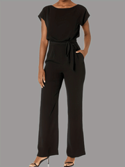 Solid Round Neck Short Sleeve Loose Jumpsuit Casual Long Length