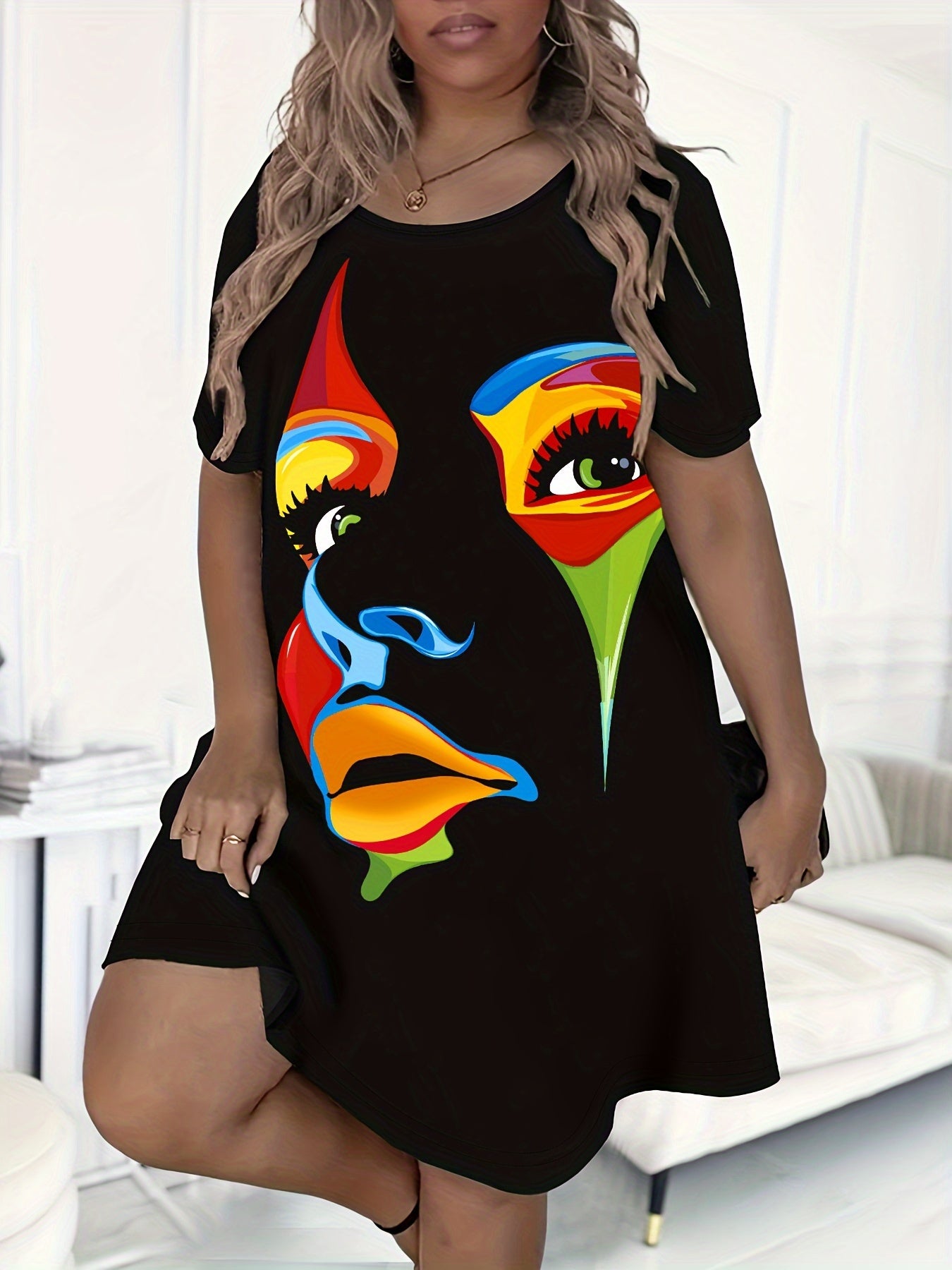 Leaf Print Short Sleeve Round Neck Sleep Dress