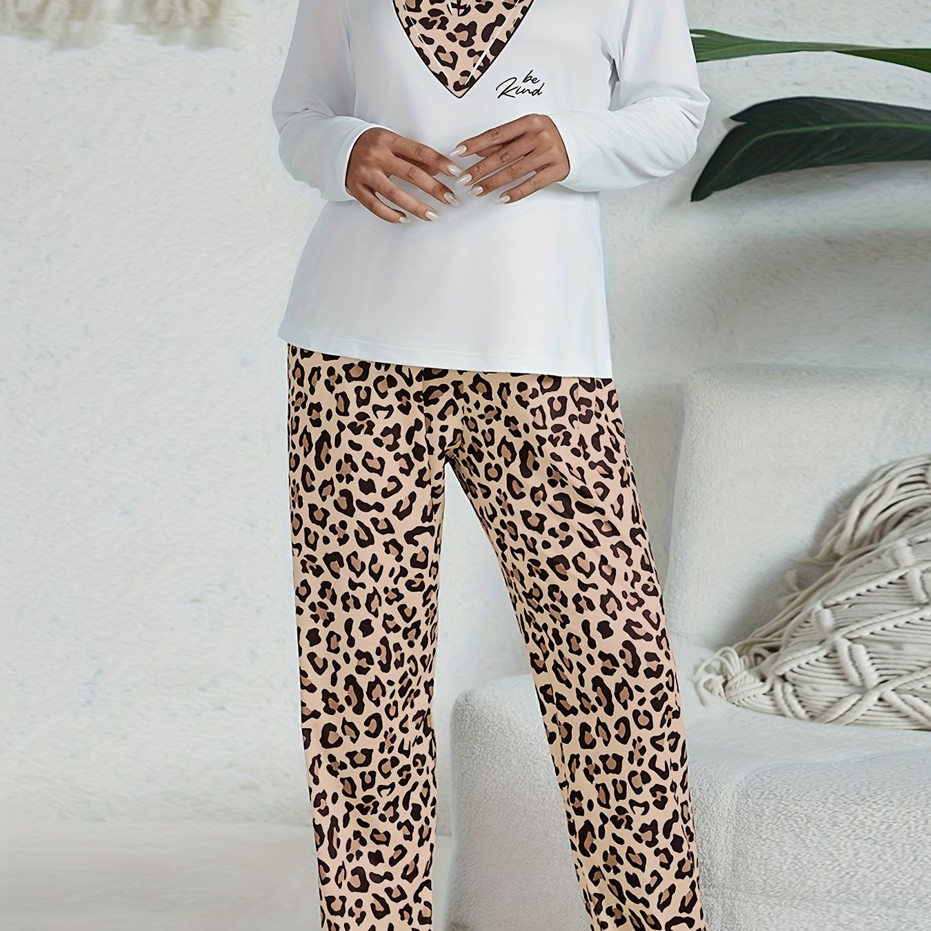 Leopard Pajama Set Long Sleeve Heart Print Top & Pants