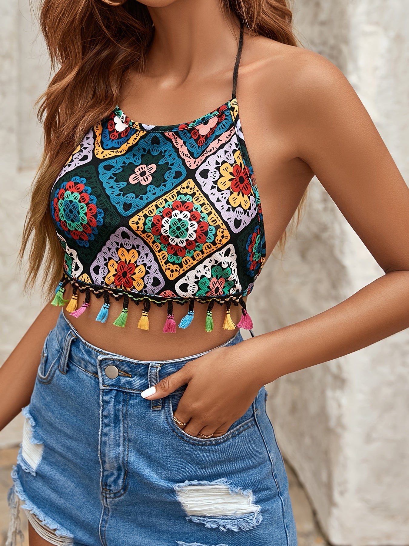 Boho Graphic Print Halter Top Tassel Backless Lace Up Halter Top