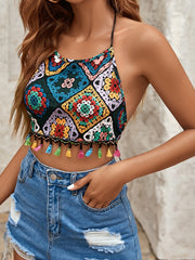 Boho Graphic Print Halter Top Tassel Backless Lace Up Halter Top