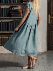 Draped Crew Neck Summer Dress Loose Fit