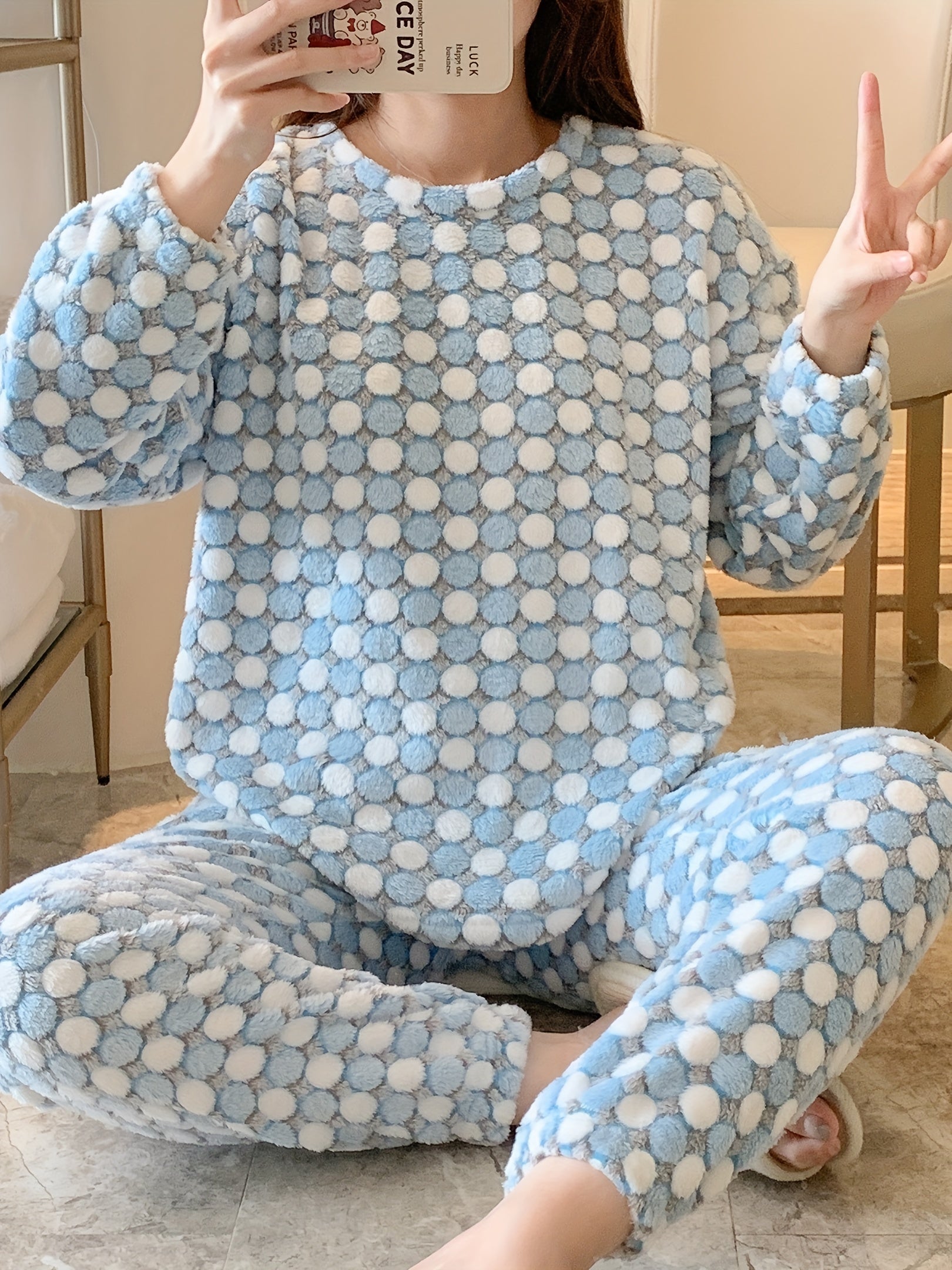 Polka Dot Fuzzy Pajama Set Women's Sleepwear