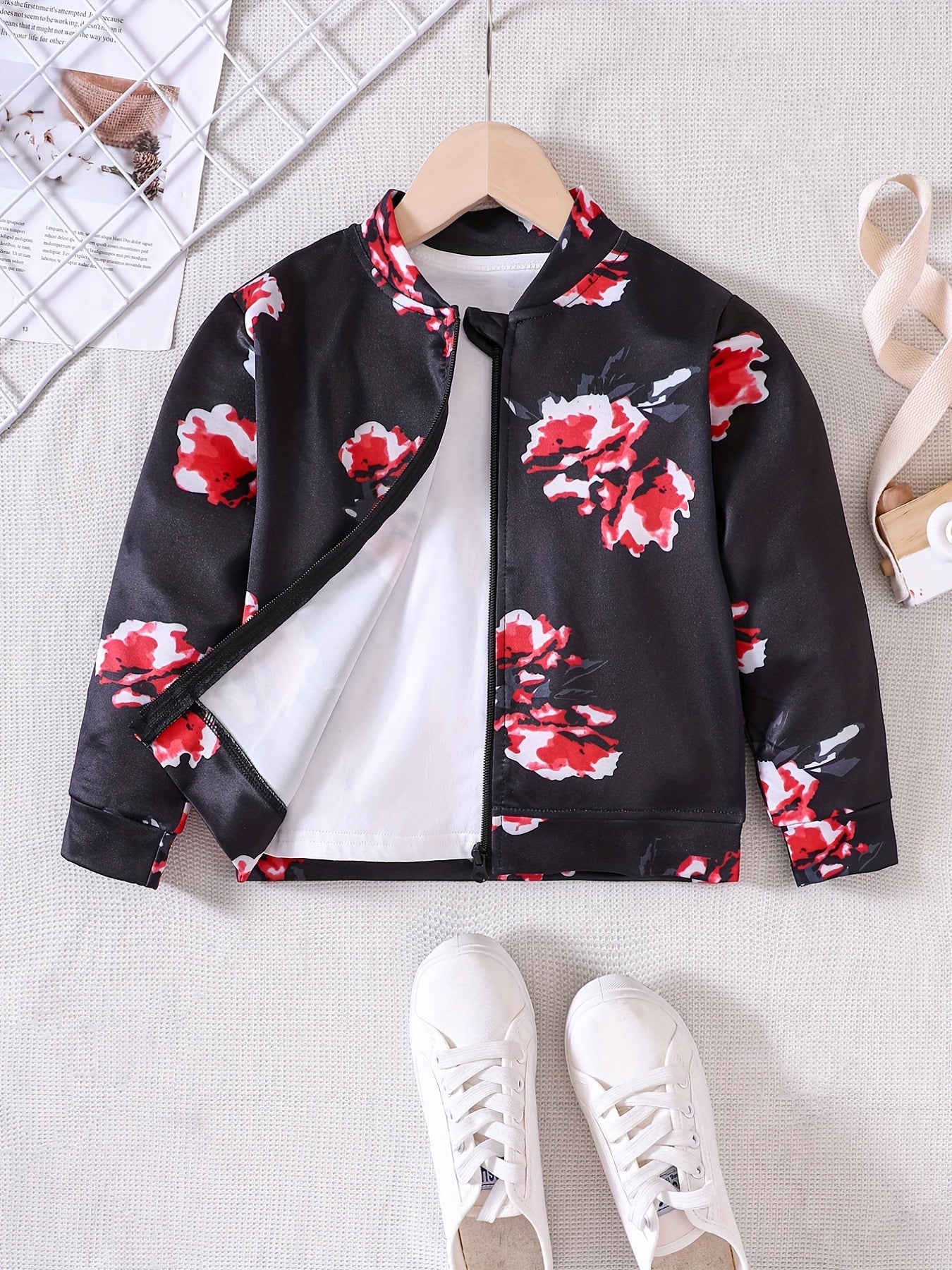 Girls' Floral Print Long Sleeve Jacket Top, Zipper Up