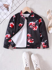 Girls' Floral Print Long Sleeve Jacket Top, Zipper Up