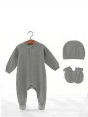 Newborn Cotton Romper Set Baby Long Sleeve Footed Jumpsuit Onesie With Hat