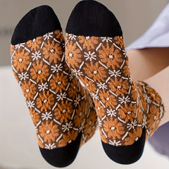 5 Pairs Floral Print Short Socks Retro Style 3D Textured Low Cut Socks