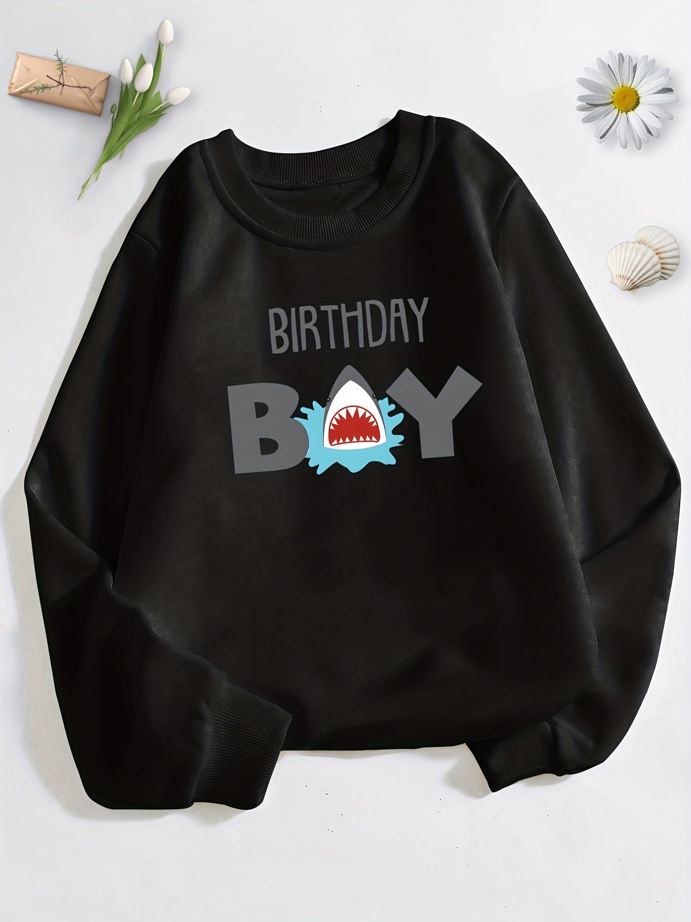 Shark And BIRTHDAY BOY Print Boys Sweatshirt Long Sleeve Crew Neck Tops