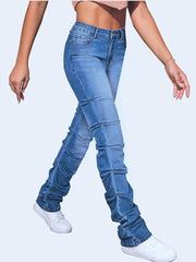 High Waist Solid Stacked Jeans Stretchy Pleat Zipper Button Closure Skinny Denim