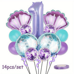 Mermaid Themed Birthday Party Balloon Set - Purple Shells & Numbers