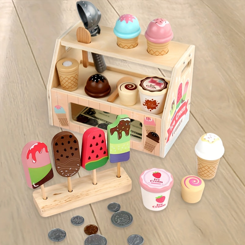 Wooden Ice Cream and Popsicle Playset Kitchen Role Play Set for Kids