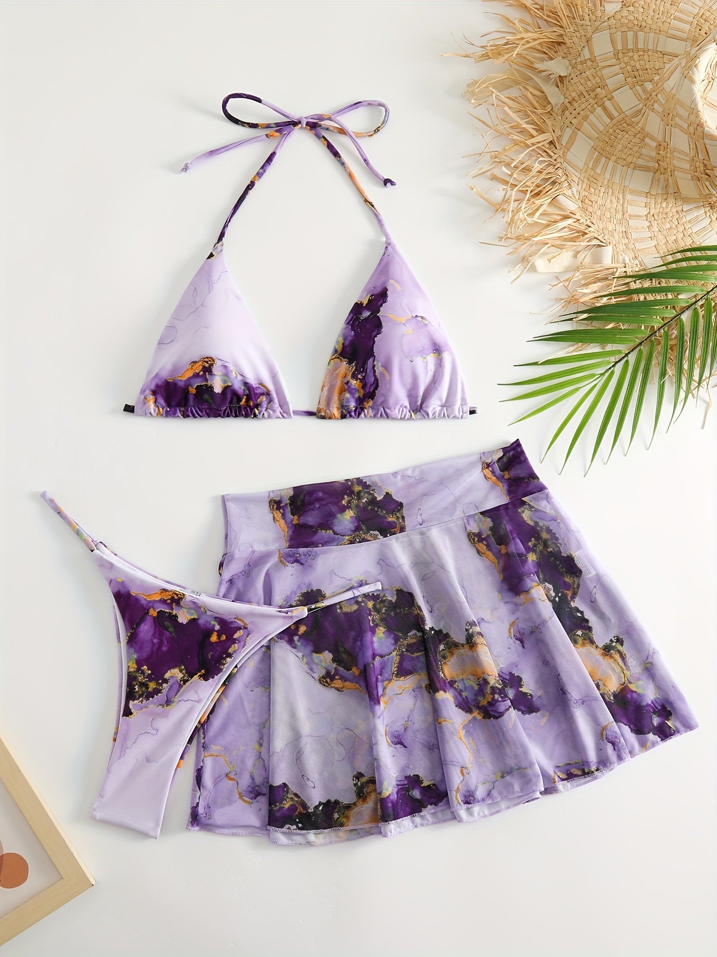 Tie Dye Bikini Set Halter V Neck Backless High Cut with Cover Up Skirt Swimsuit