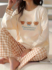 Bear Print Pajama Set Long Sleeve Top & Plaid Pants Women's Sleepwear